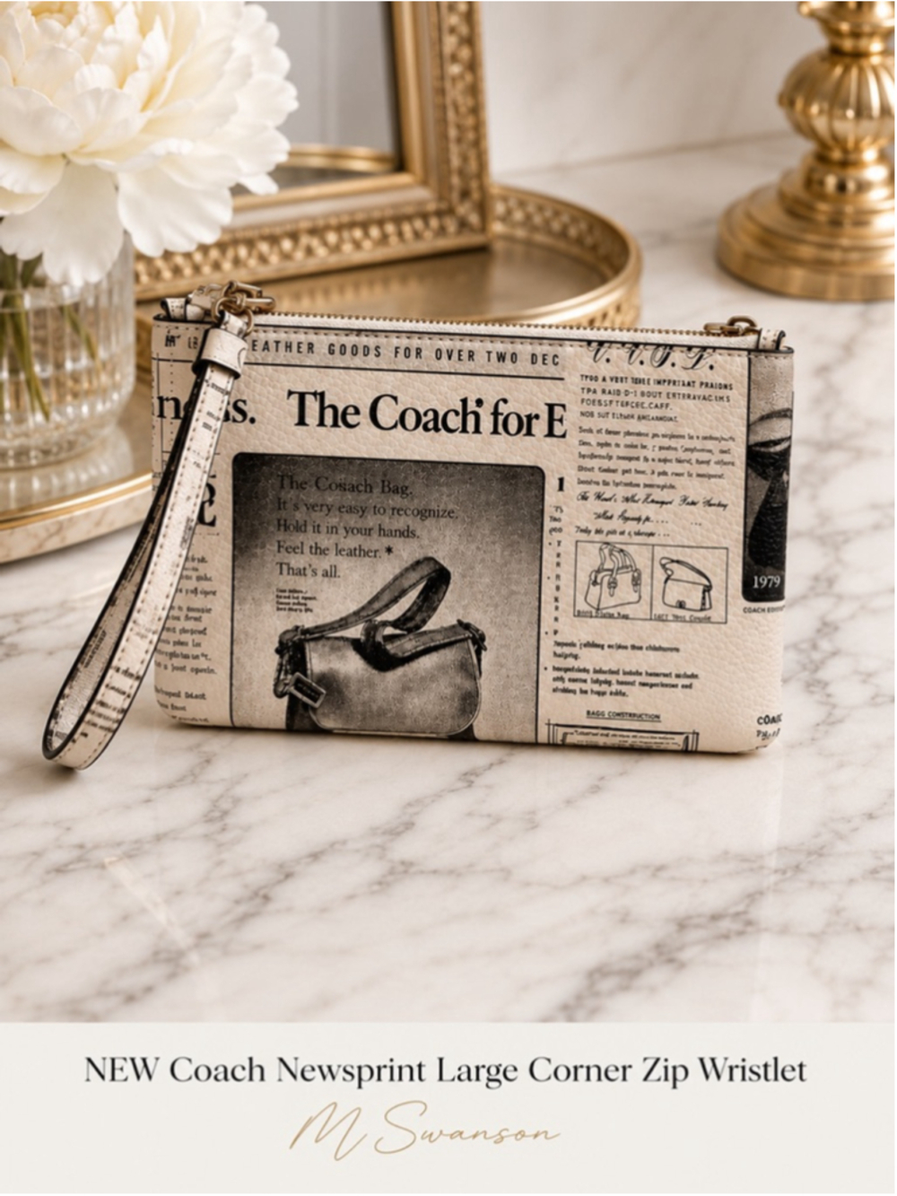 NEW Coach Large Corner Zip Wristlet With Courier on Newsprint NWT